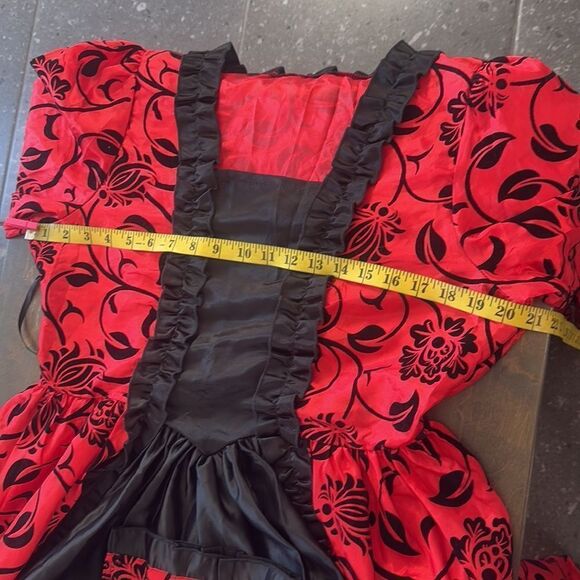 Victorian Dress Red Bow Floral Print Square Neckline Long Sleeves Matte - Picture 14 of 16